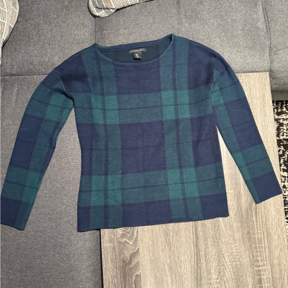 Tahari Women's Crewneck Sweater - Navy and Teal Plaid - Picture 4 of 15